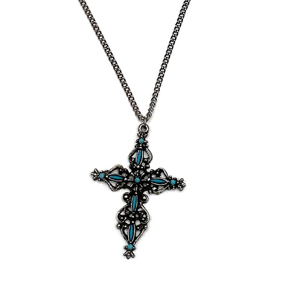 Vintage Turquoise Silver Filigree Cross Pendant Necklace Gothic Southwestern